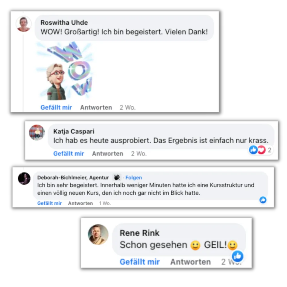 Facebook-Screenshot mit Kundenstimmen zum KI-Kurs GroßArtig