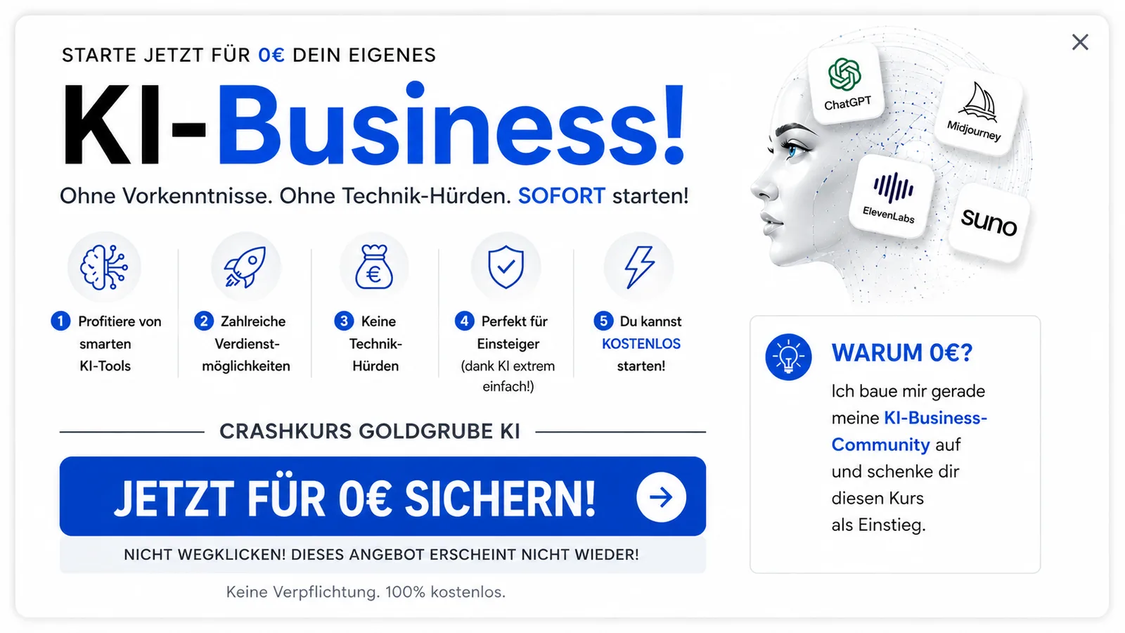 KI-Business Crashkurs Goldgrube – Landingpage mit Angebot für kostenlosen Einstieg in KI-Business-Community
