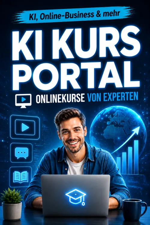 KI Kurs Portal – Onlinekurs-Flatrate Titelbild mit Mann am Laptop und Neon-Design für KI und Online-Business Kurse