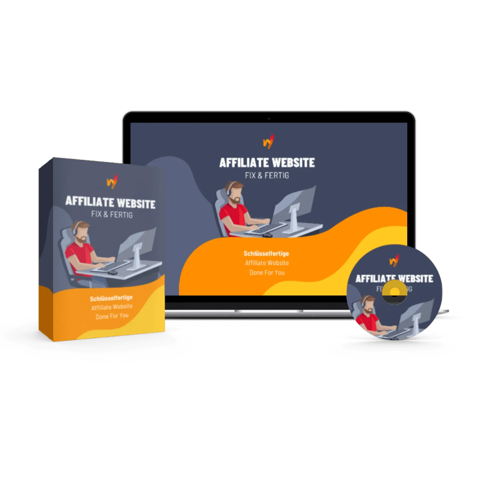 Affiliate Website Fix & Fertig Produktmockup mit Box, Laptop, Monitor und DVD