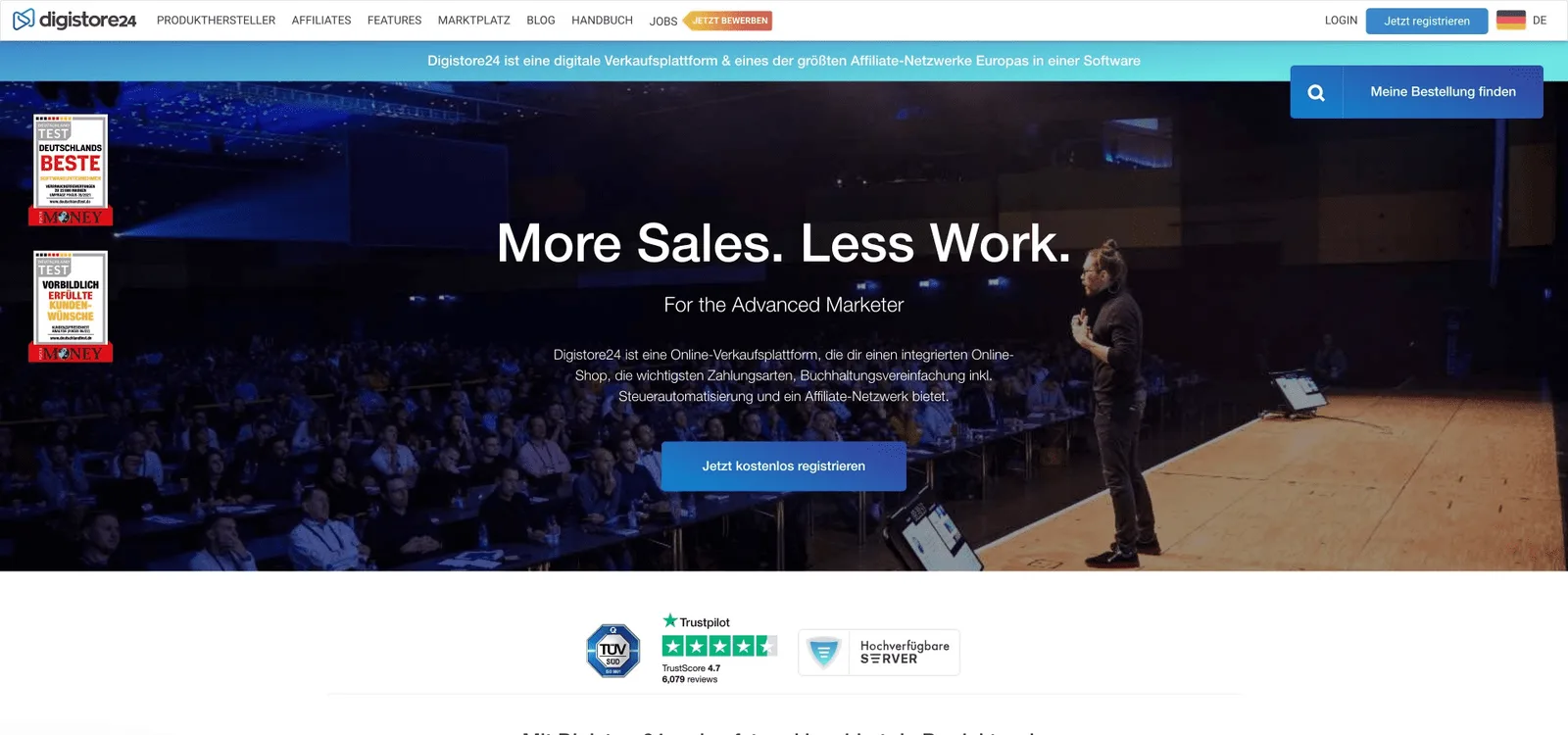 Digistore24 Website Screenshot mit Webseite und Tagline 'More Sales. Less Work.'