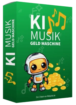 KI Musik Geld Maschine E-Book Mockup in 3D-Darstellung mit grünem Cover und Roboter