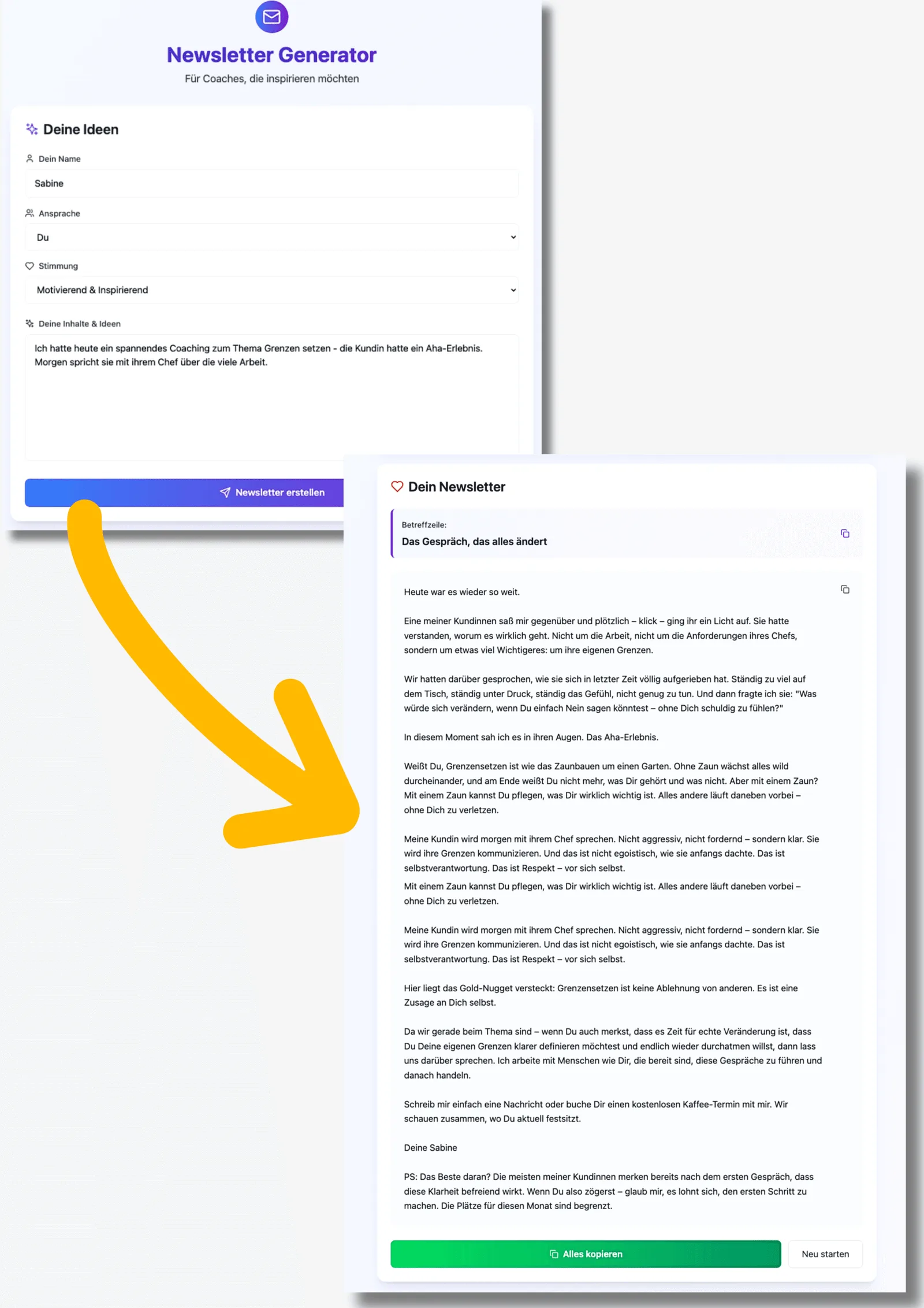 Screenshot des KI Newsletter Generators mit Eingabeformular für Name, Ansprache und Stimmung sowie generiertem Beispiel-Newsl