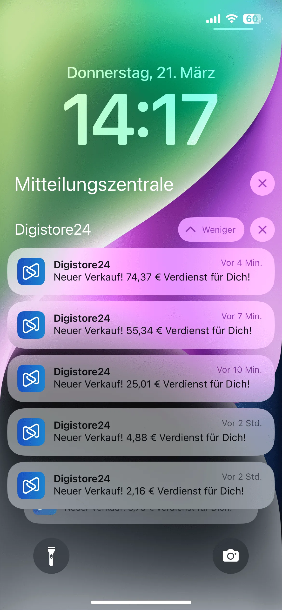 iPhone Notification Center mit Digistore24 Verkaufsbenachrichtigungen, mehrere Verkäufe zwischen 2,16 und 74,37 Euro angezeig