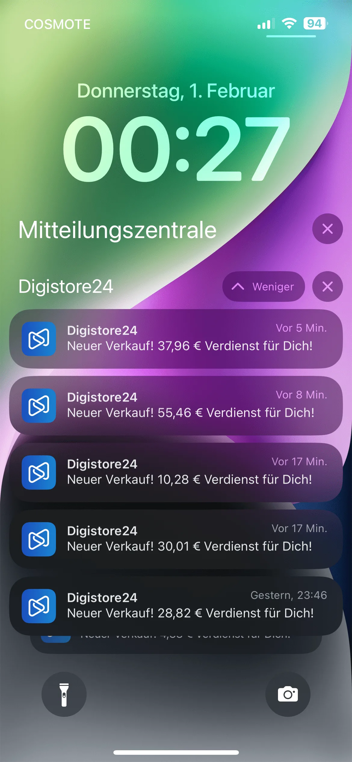 iPhone Notification Center mit Digistore24 Verkaufsbenachrichtigungen, mehrere Verkäufe zwischen 2,16 und 55,46 Euro angezeig