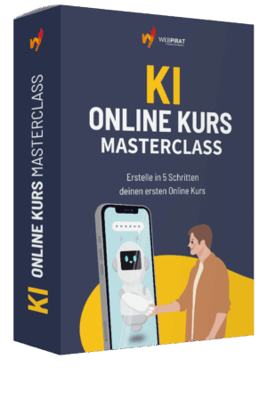 KI Online Kurs Masterclass 3D Produktbox Webpirat mit Roboter und Mann am Smartphone