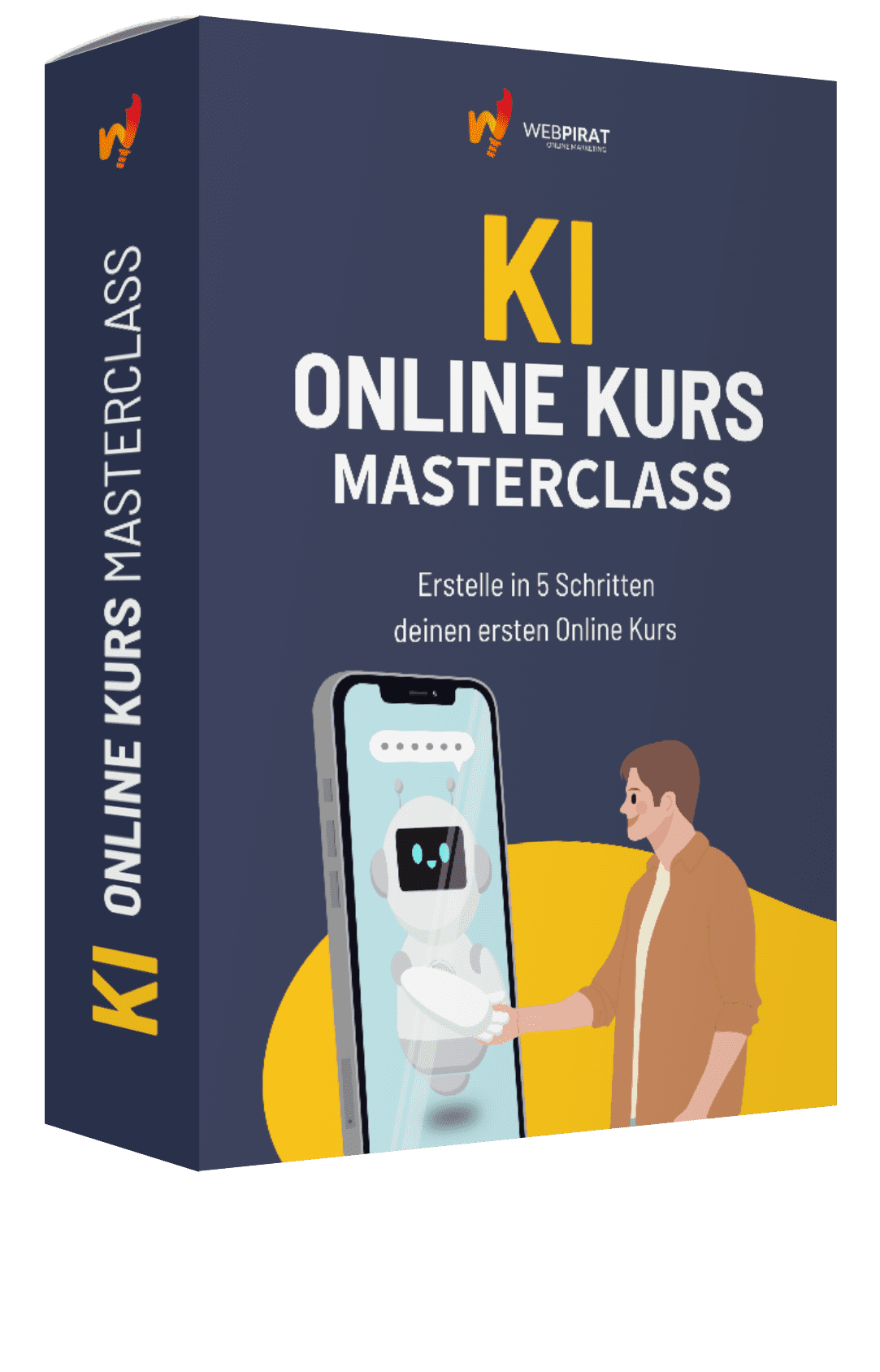 KI Online Kurs Masterclass 3D Produktbox Webpirat mit Roboter und Mann am Smartphone