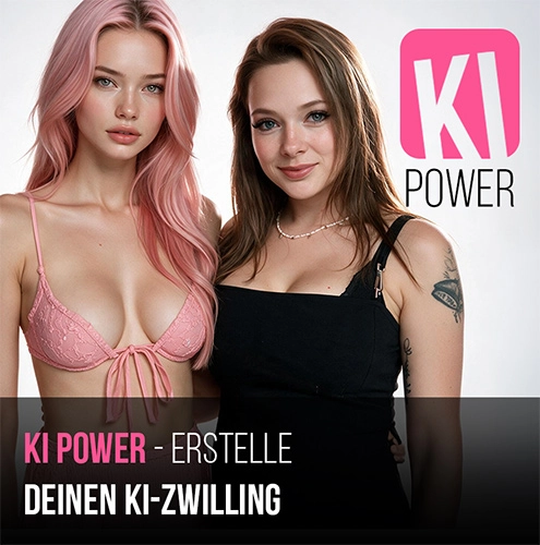 KI Power Produktabbildung mit zwei Frauen und KI-Zwilling Logo