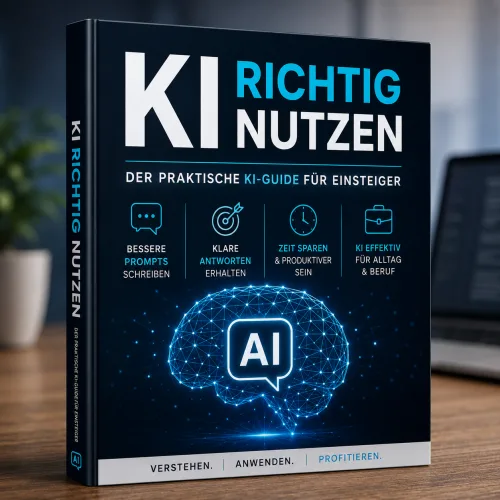 KI richtig nutzen – Praktischer KI-Guide für Einsteiger, Buchcover in Standardformat 500×500 mit digitalem Gehirn-Symbol