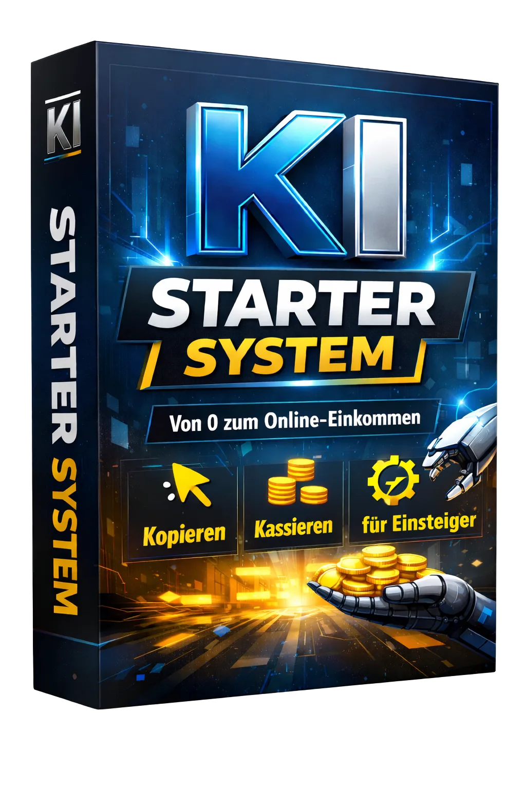 KI Starter System – Videokurs zu KI-Affiliate-Marketing 1 KI Starter System 3D-Produktbox mit Neon-Effekten und Funktionsicons
