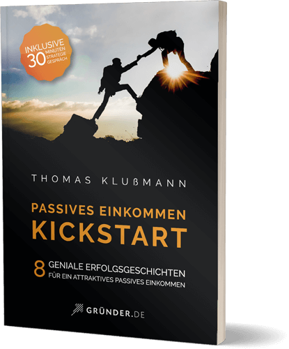 Kickstart Passives Einkommen – Buch zum Online-Business-Aufbau 15 Buch Passives Einkommen Kickstart Softcover mit Bergillustration und orangem Inklusiv-Badge