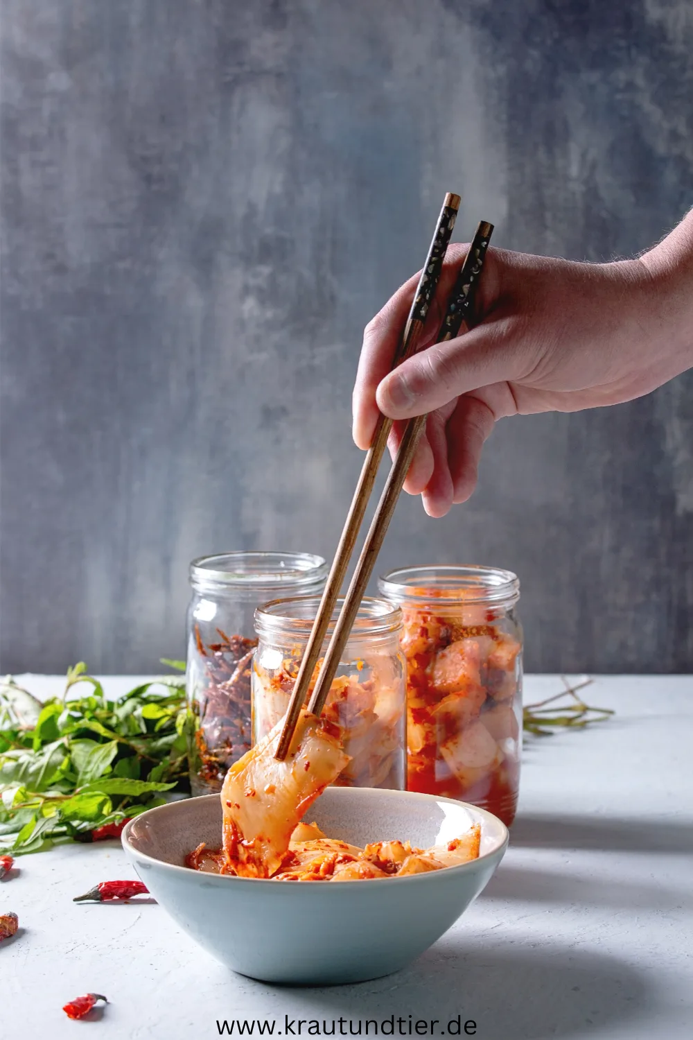 Kimchi leicht gemacht – dein DIY-Fermentations-E-Book 3 Hand mit Essstäbchen nimmt fermentiertes Kimchi aus weißer Schale, Gläser mit Kimchi im Hintergrund