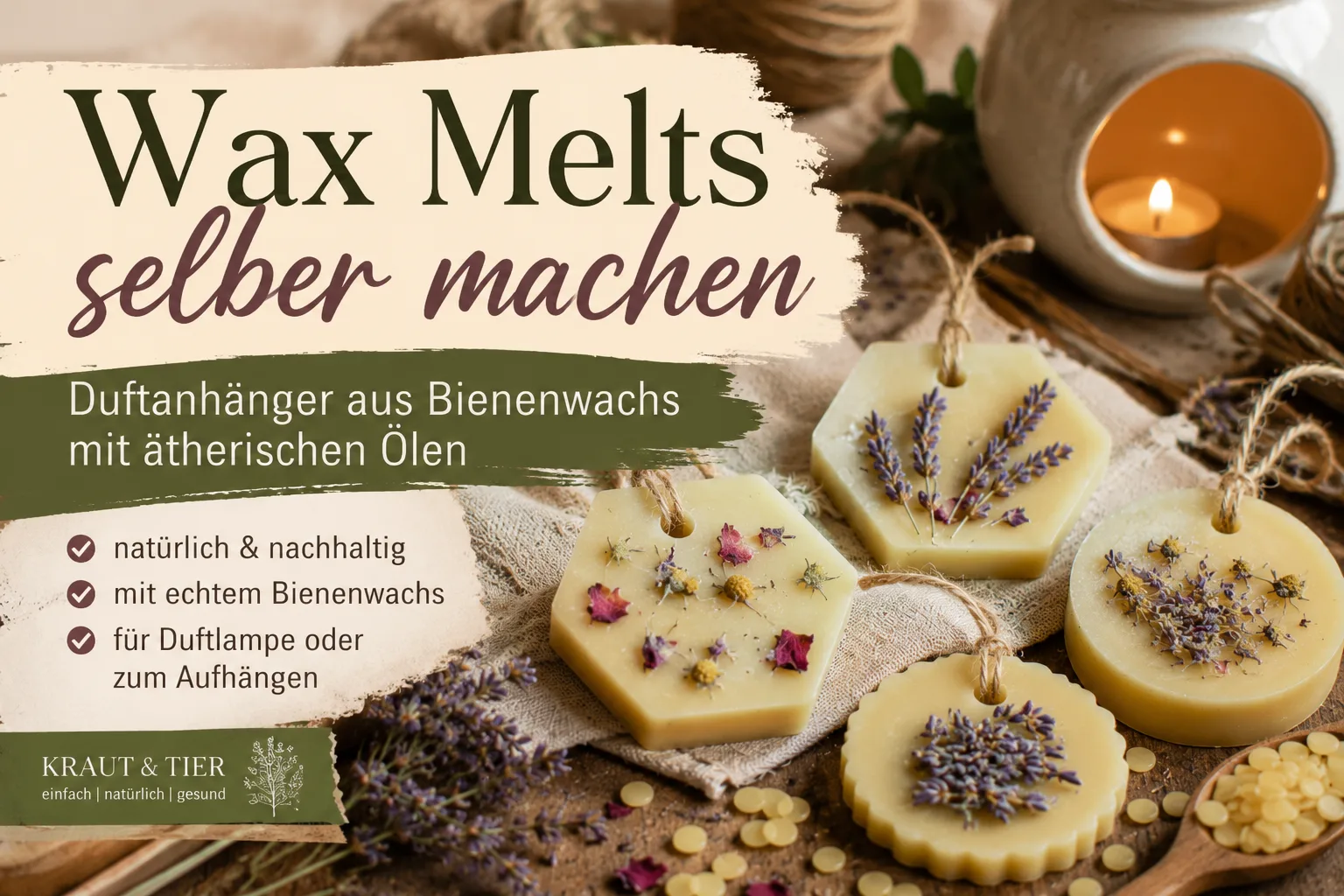 Kimchi leicht gemacht – dein DIY-Fermentations-E-Book 6 Wax Melts aus Bienenwachs mit Lavendel und Blüten auf Leinen, brennende Kerze im Hintergrund