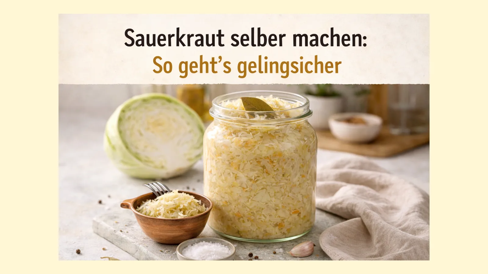 Kimchi leicht gemacht – dein DIY-Fermentations-E-Book 7 Glas selbstgemachtes Sauerkraut, halbierter Weißkohl, Salz und Gewürze auf heller Oberfläche