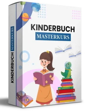 Kinderbuch Masterkurs Produktbox mit Illustrationen von Mädchen, Bücherstapel und Planeten
