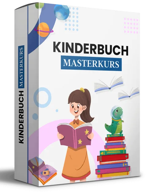 Kinderbuch Masterkurs Produktbox 3D-Ansicht mit Mädchen, Bücherstapel und Weltraummotiven