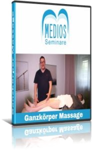 DVD-Cover Ganzkörper Massage – Mann in schwarzem Shirt vor Massagetisch mit Medios Seminare Logo