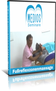 DVD-Cover Fußreflexzonenmassage – Frau in rosa Shirt führt Fußmassage durch mit Medios Seminare Logo