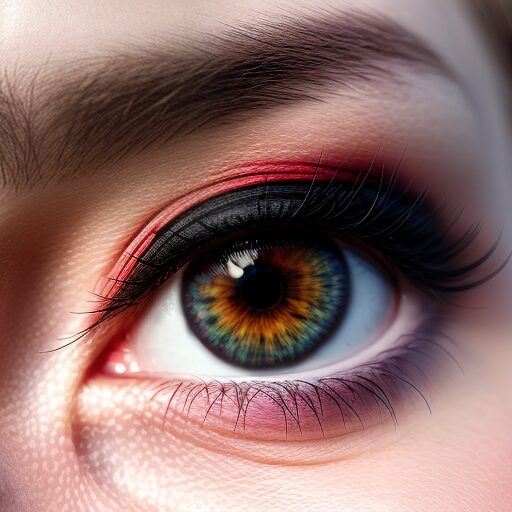 Nahaufnahme eines Auges mit roten und schwarzen Lidschatten, goldenem Iris-Ring und dramatischen Wimpern