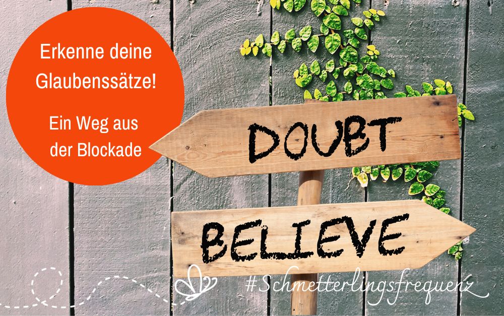 Wegweiser mit Text DOUBT und BELIEVE, oranger Kreis mit Glaubenssätzen, grüne Pflanzen, Holz