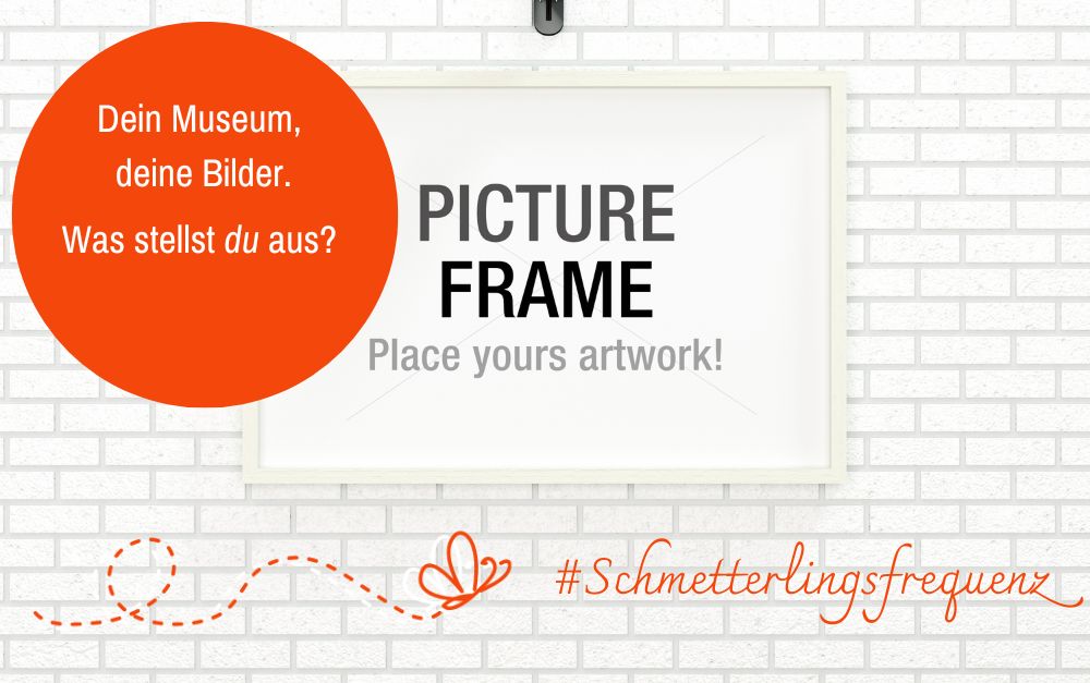 Picture Frame Mockup auf weißer Ziegelmauer, oranger Kreis mit Text über Museum und Bilder, Schmetterlingsfrequenz