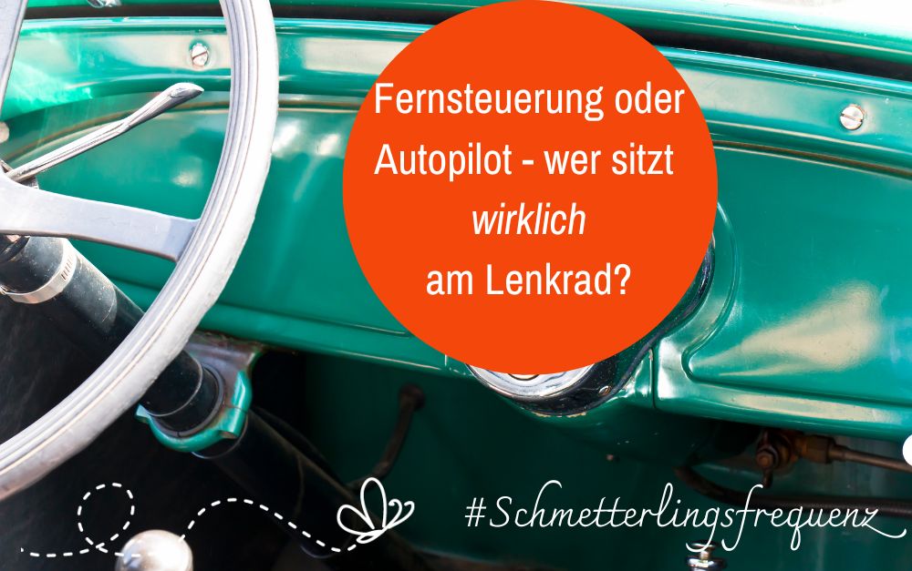 Lenker eines türkisen Vintage-Autos, oranger Kreis mit Text über Fernsteuerung und Autopilot, Schmetterlingsfrequenz