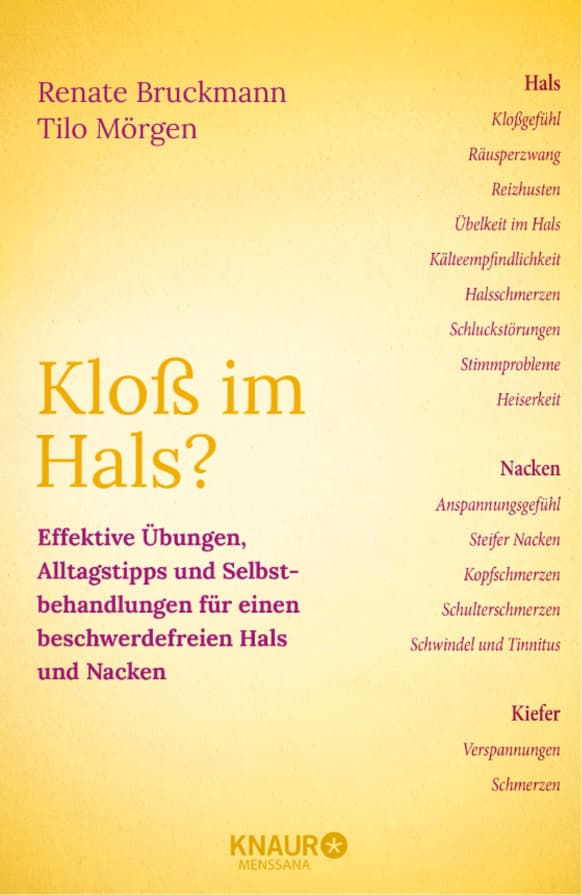 Buchcover mit gelbem Hintergrund, Titel Kloß im Hals in großer orangegoldener Schrift, Untertitel und Symptomauflistung recht