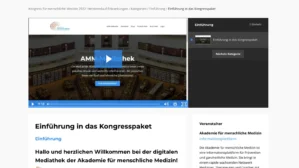 Screenshot Kongressplattform mit Video-Player und Vortragsaufzeichnung, Kategorien-Navigation rechts