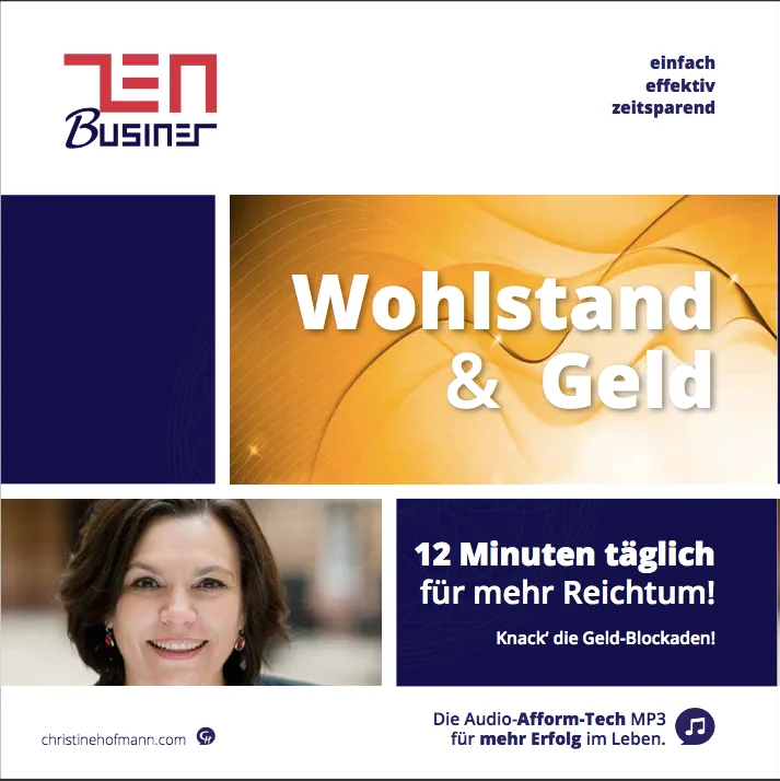Hero-Banner Knack deine Geld-Blockaden mit ZEN Businesser Logo, Tagline einfach effektiv zeitsparend, Frau lächelnd, Headline