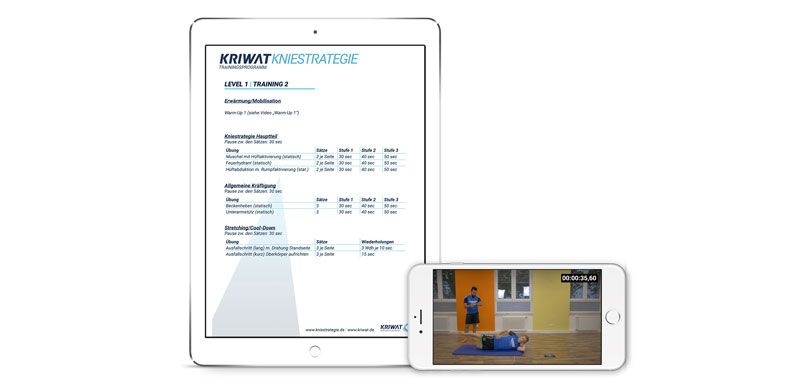 Mockup: Kniestrategie Trainingsprogramm auf iPad und iPhone mit Trainingsvideos