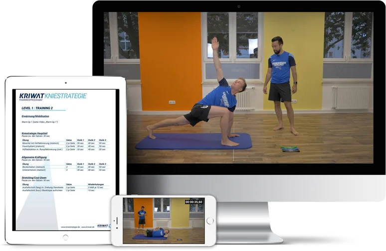 Mockup: Kniestrategie Trainingsprogramm auf Tablet, Smartphone und Bildschirm mit Übungsvideo