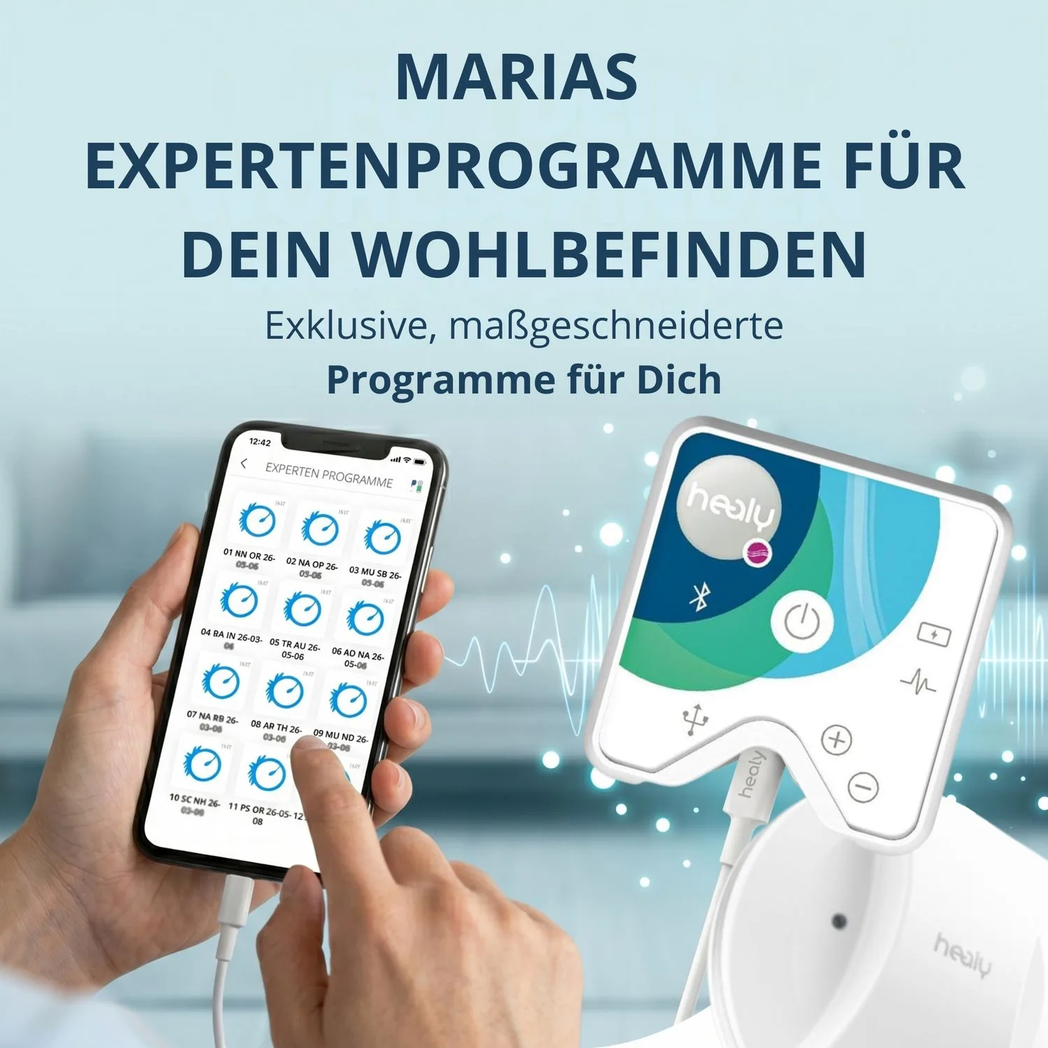 KNOR – Frequenzprogramm für Knochen von Maria Langmayr 5 KNOR Healy-Shop-Grafik mit Expert-Programmen auf Smartphone und Healy-Gerät vor Wasser-Hintergrund