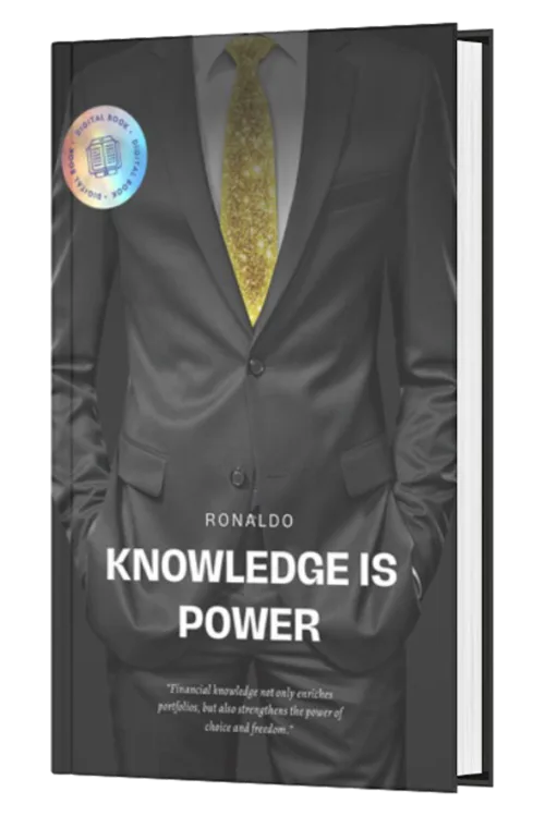 E-Book Cover Knowledge is Power von Ronaldo mit Anzug und goldener Krawatte