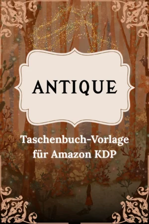 Antique Taschenbuch-Cover mit ornamentalem Rahmen, Waldmotiven und Glitzereffekten für Märchenbuch