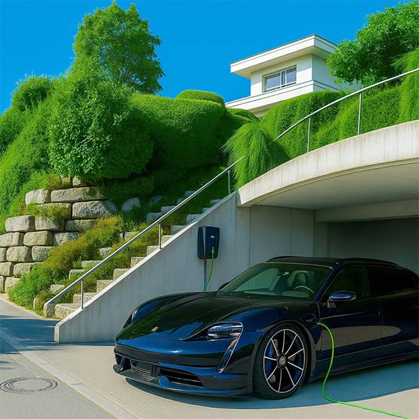 Porsche Taycan 4S an Wallbox vor modernem Haus mit Begrünung
