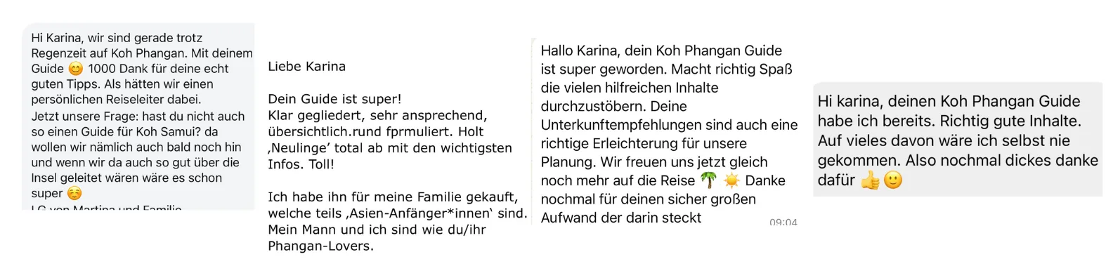 Fünf positive Kundentestimonialsm zum Koh Phangan Guide mit Nachrichten-Stil