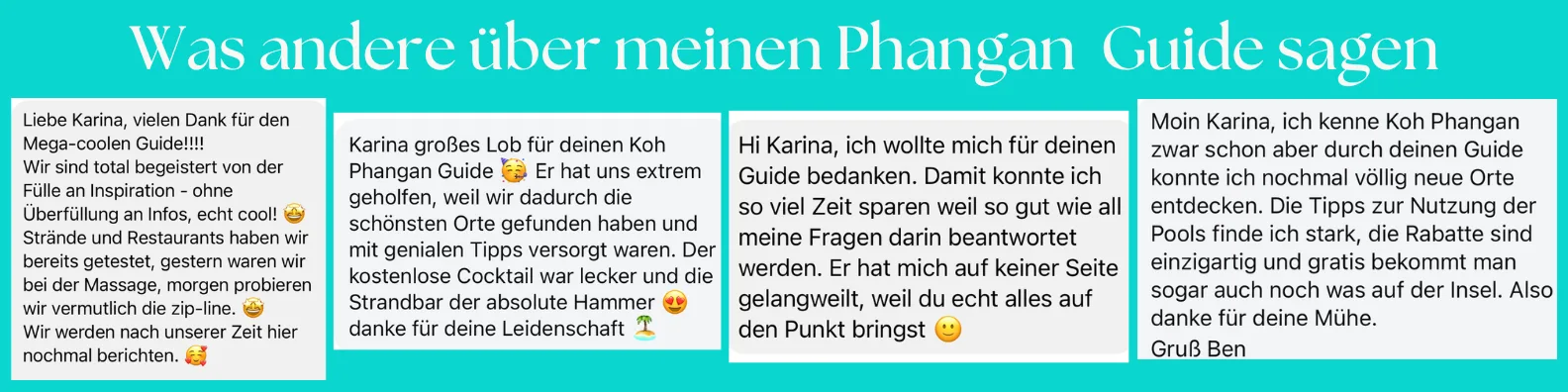 Vier Kundenbewertungen zum Koh Phangan Guide mit positiven Testimonials
