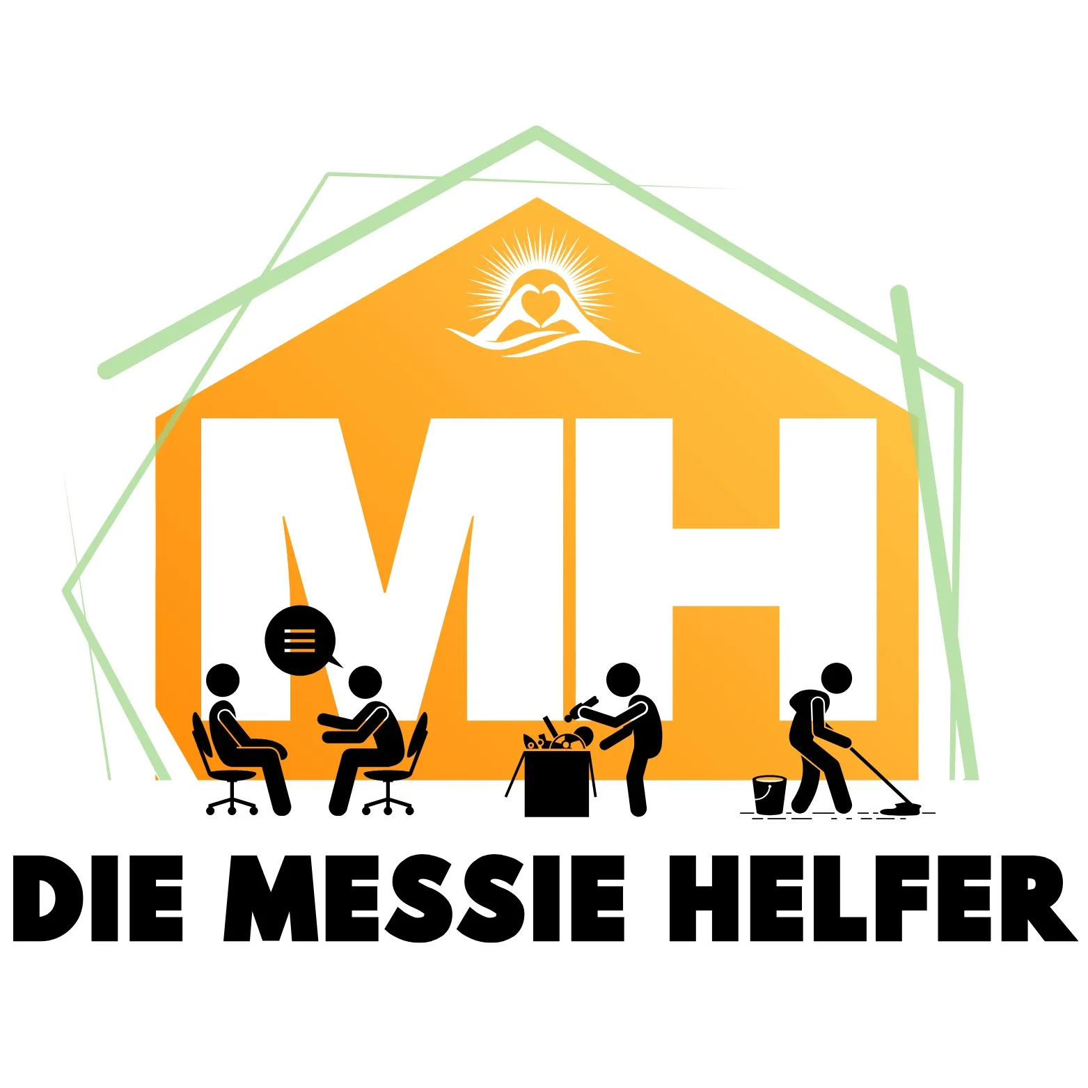 Die Messie-Helfer Logo mit orangem Haus, Piktogrammen von Personen in verschiedenen Tätigkeiten und grünem Rahmen