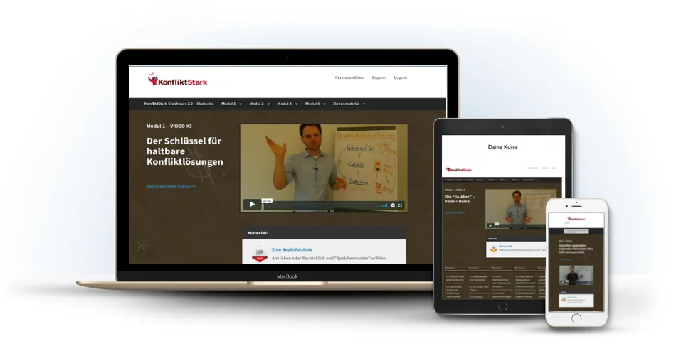 KonfliktStark Onlinekurs Plattform auf verschiedenen Geräten mit Video-Inhaltsmodul und Kursübersicht