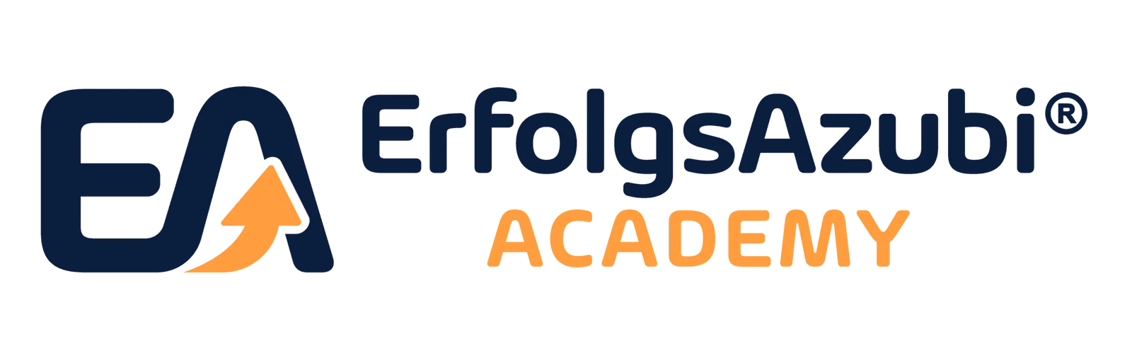 ErfolgsAzubi Academy Logo mit dunkelblauem Text und orangem Aufwärtspfeil