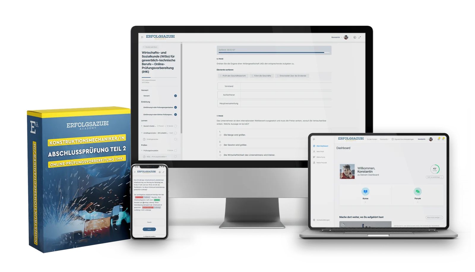 ErfolgsAzubi Plattform auf mehreren Geräten mit Konstruktionsmechaniker Kurs, Lernbox und Online-Interface