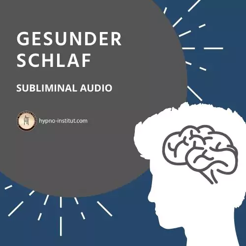 Produktcover für Subliminal Audio mit Kopfprofil und Gehirn-Symbol auf blauem Hintergrund, Titel Gesunder Schlaf