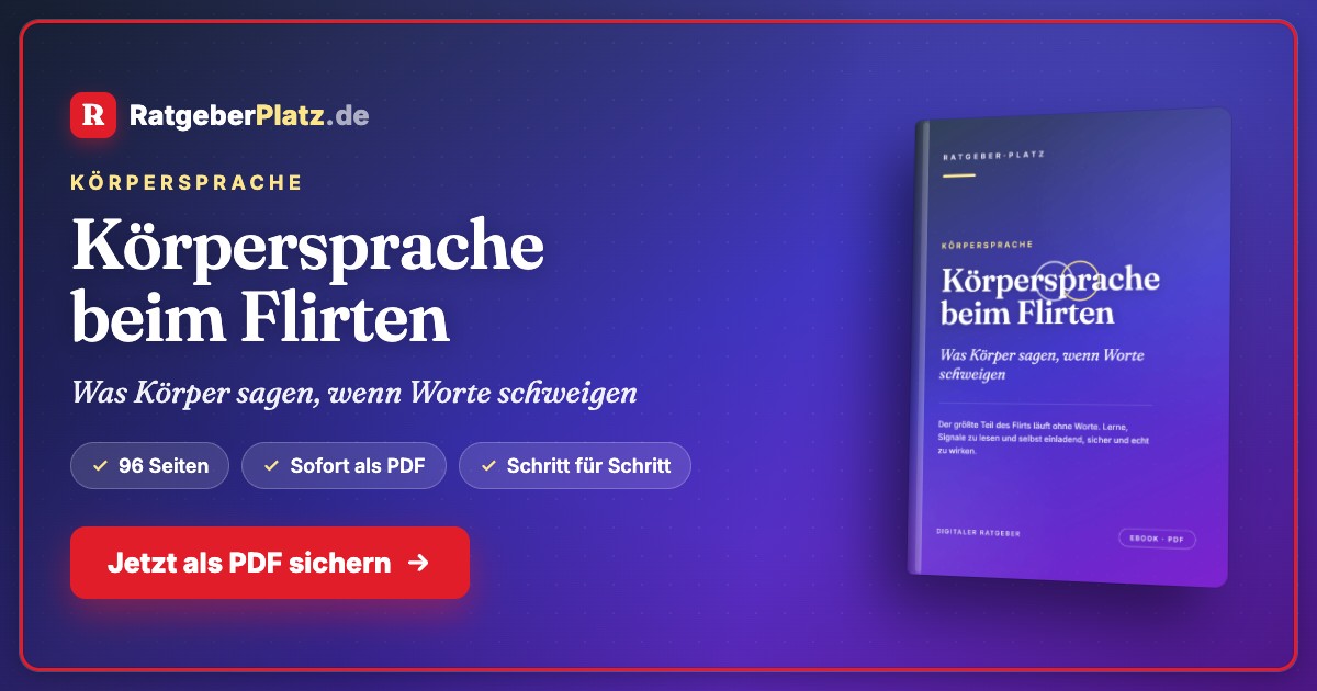 Hero-Banner mit Körpersprache beim Flirten Ratgeber, RatgeberPlatz Logo, Buch-Cover und CTA-Button