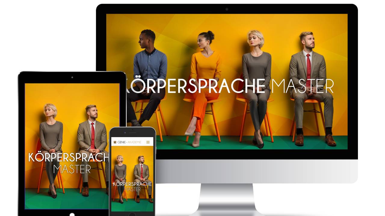 Hero-Image des Körpersprache Master Kurses mit vier Personen auf gelb-grünem Hintergrund