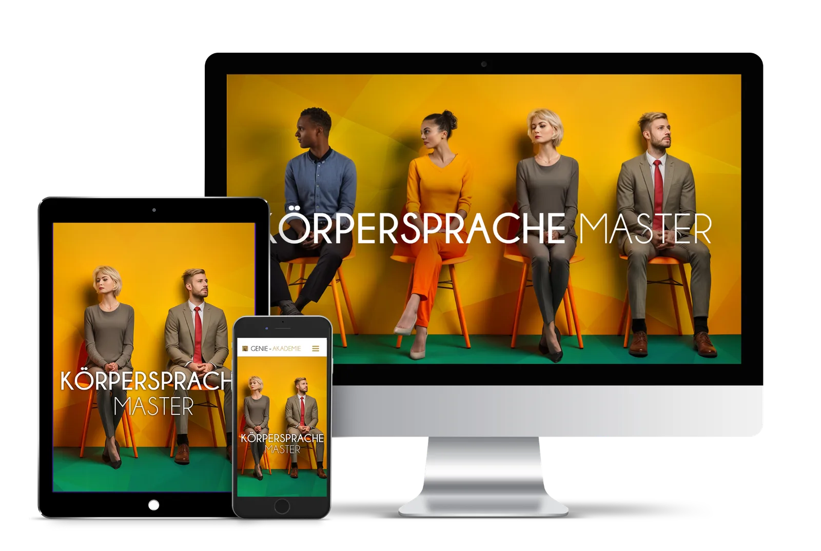 Kurs-Mockup Körpersprache Master auf Desktop, Tablet und Smartphone