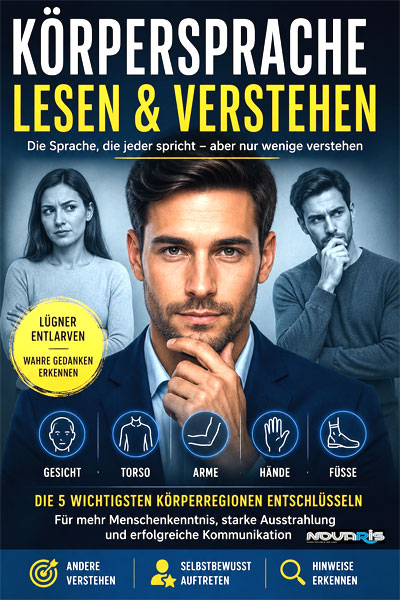 Körpersprache Lesen & Verstehen Buchcover mit drei Personen und fünf Körperregionen-Symbolen