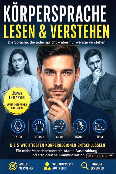 Körpersprache Lesen & Verstehen Buchcover mit drei Personen und fünf Körperregionen-Symbolen