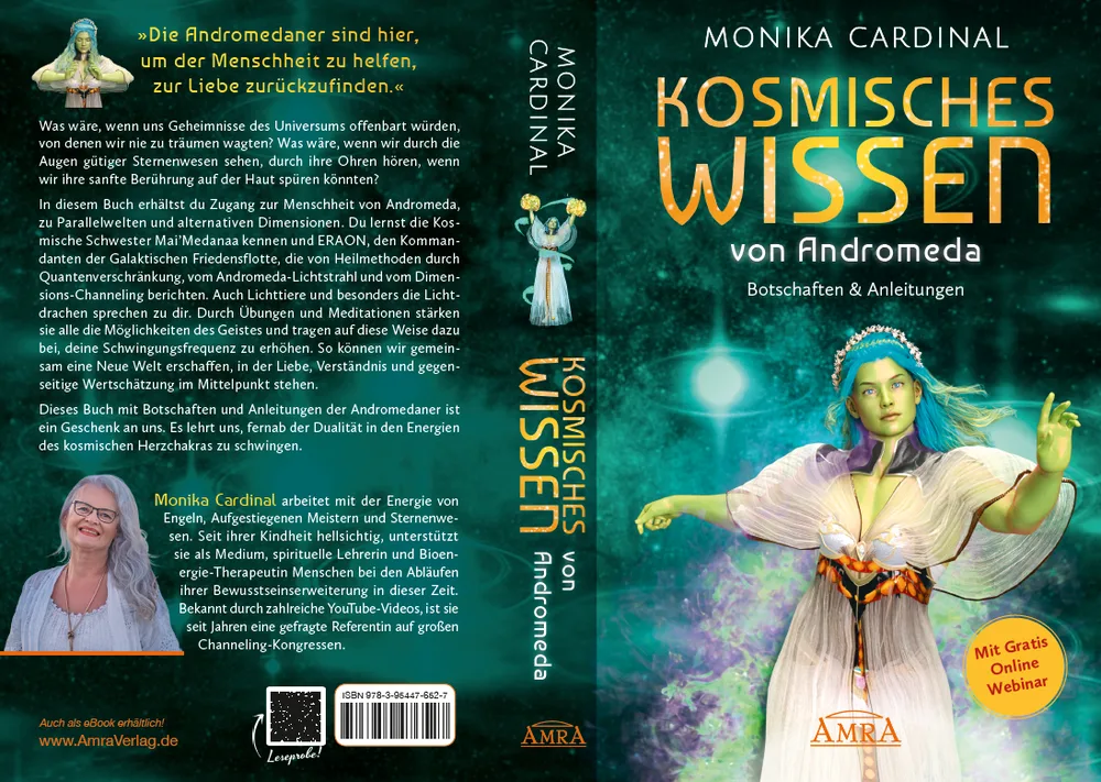 Buchcover und Rückseite Kosmisches Wissen von Andromeda mit Autorenporträt und Beschreibungstext