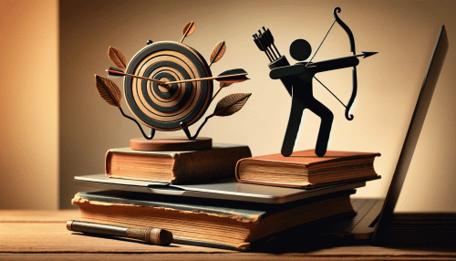 Kraft der Gedanken – Kurs zum Gesetz der Anziehung von Britta Remmel 1 Zielscheibe und Pfeil-Figur auf Bücherstapel, Motivation und Zielorientiertheit symbolisierend