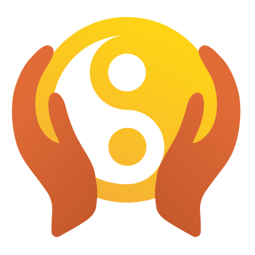Kraft der Gedanken – Kurs zum Gesetz der Anziehung von Britta Remmel 3 Yin-Yang-Symbol in Gelb und Weiß, von zwei orangeroten Händen gehalten